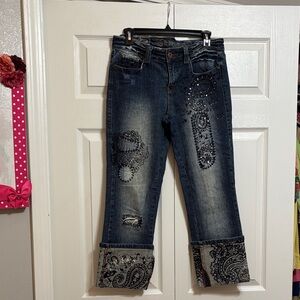 Embellished Dark Blue Cuffed Jeans